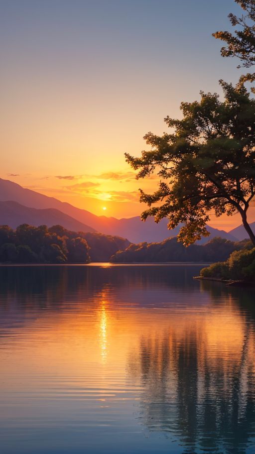 Serene sunset over a lake with tree silhouette and mountains in the background, reflecting vibrant orange hues on the water.