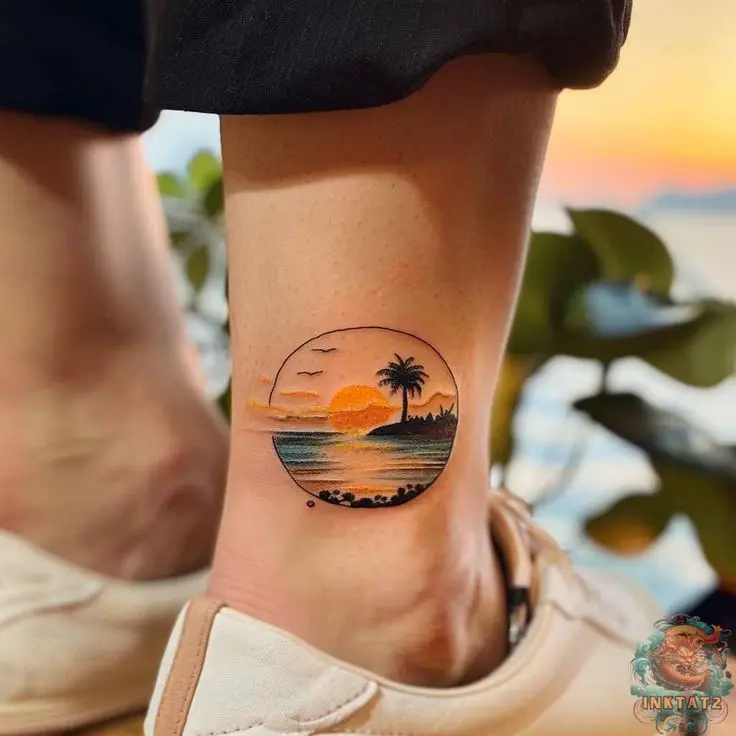 Ankle tattoo of a sunset with palm trees and ocean waves, reflecting tropical vibes and artistic design.