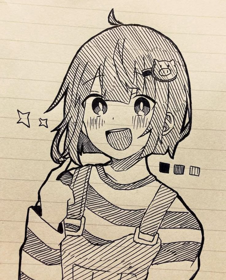 Black and white cute anime sketch, smiling character in striped overalls, with star accents and a hair clip.