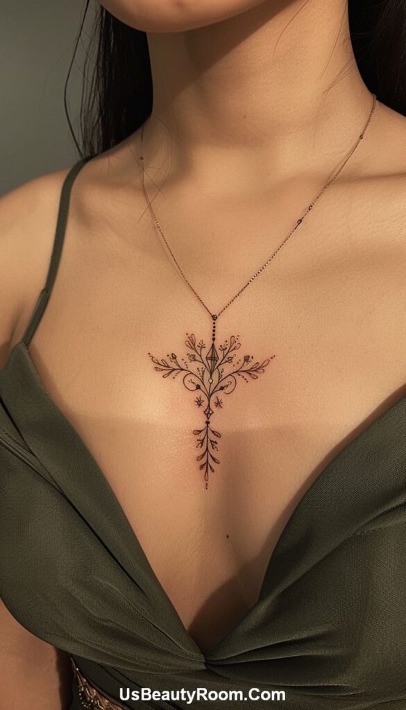 Elegant chest tattoo under delicate necklace on woman in green dress.