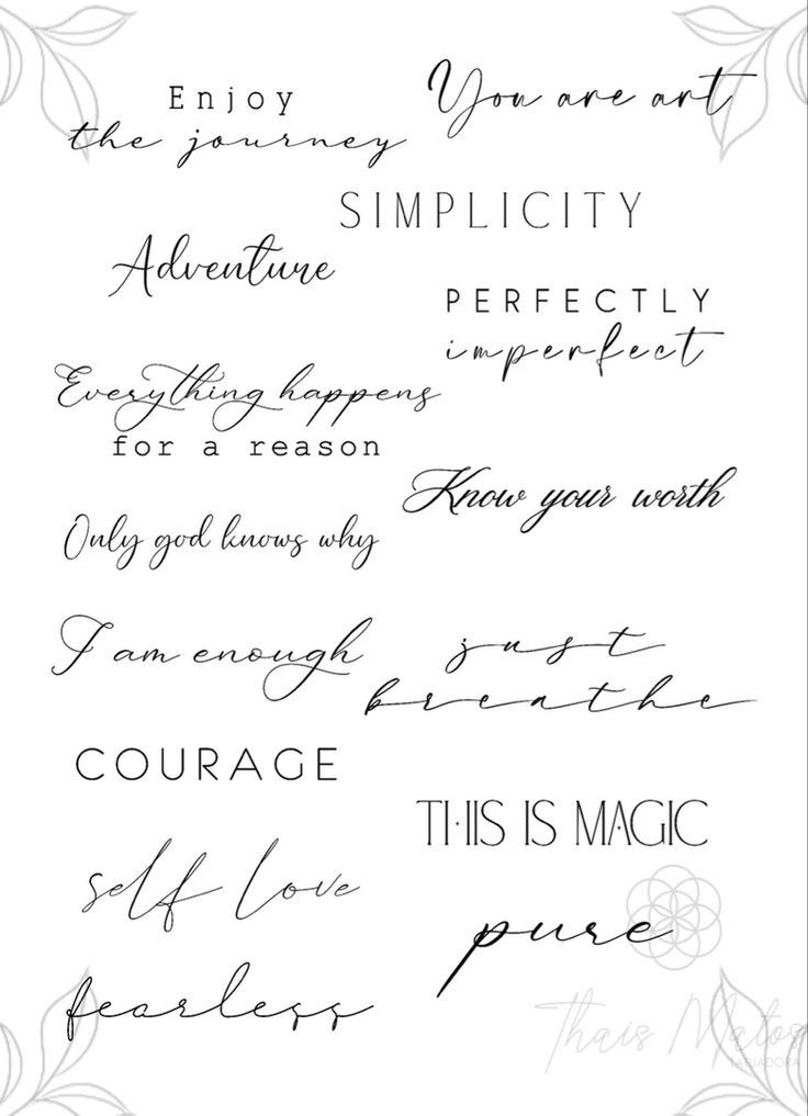 Inspirational quotes in various fonts: Enjoy the journey, Simplicity, Know your worth, Courage, and more.