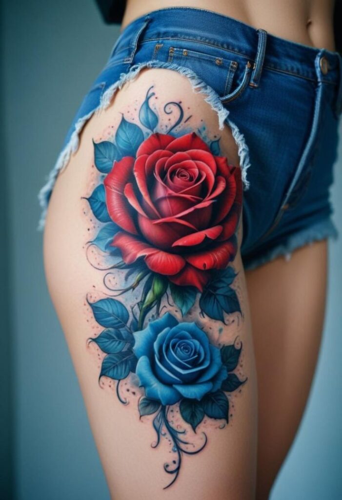 Colorful red and blue rose tattoo design on a woman's thigh wearing denim shorts.