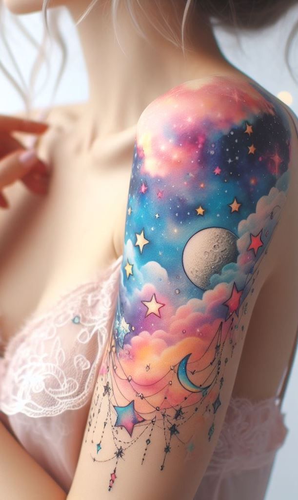 Colorful celestial tattoo on a woman's arm featuring stars, moon, clouds, and galaxies in vibrant hues.