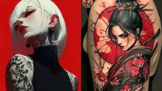 Gothic woman and samurai tattoo art showcasing floral designs and vibrant colors against a red background.