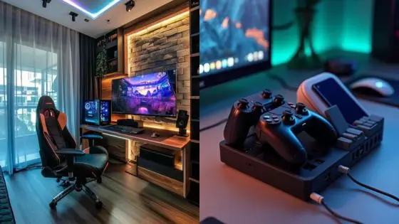 The Role of Voice Modifiers in Gaming and Esports Content Creation Gaming room setup with dual monitors, ergonomic chair, and gaming controllers on a sleek desk. | Sky Rye Design Gaming room setup with dual monitors, ergonomic chair, and gaming controllers on a sleek desk.