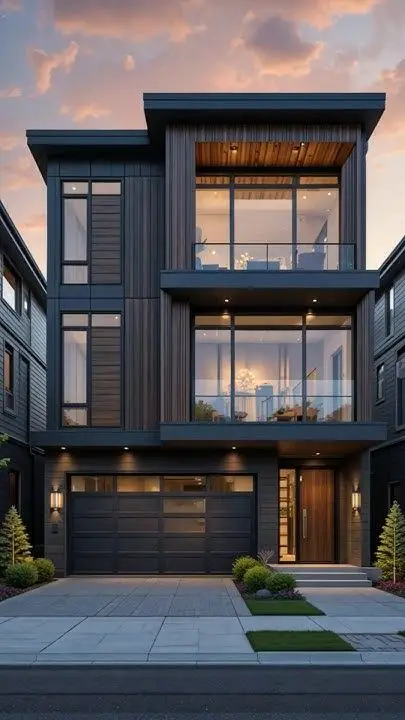 This Modern Townhouse Interior is Next-Level 🤩🏠 InteriorDesign Modern three-story house with large glass windows and wood accents, captured at sunset with a warm sky backdrop. | Sky Rye Design Modern three-story house with large glass windows and wood accents, captured at sunset with a warm sky backdrop.