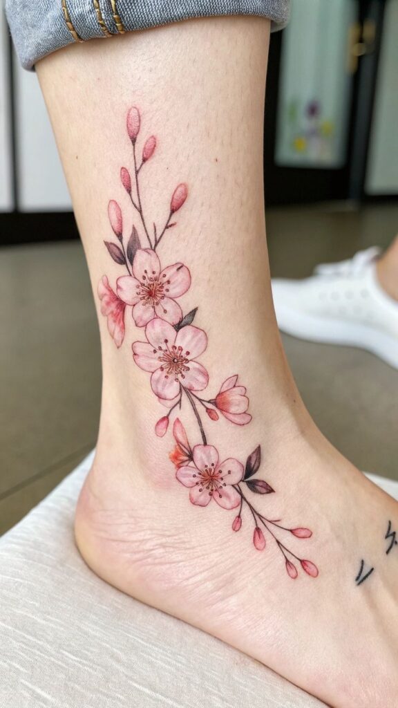 Cherry blossom ankle tattoo on skin, delicate pink flowers with green leaves, close-up detail.