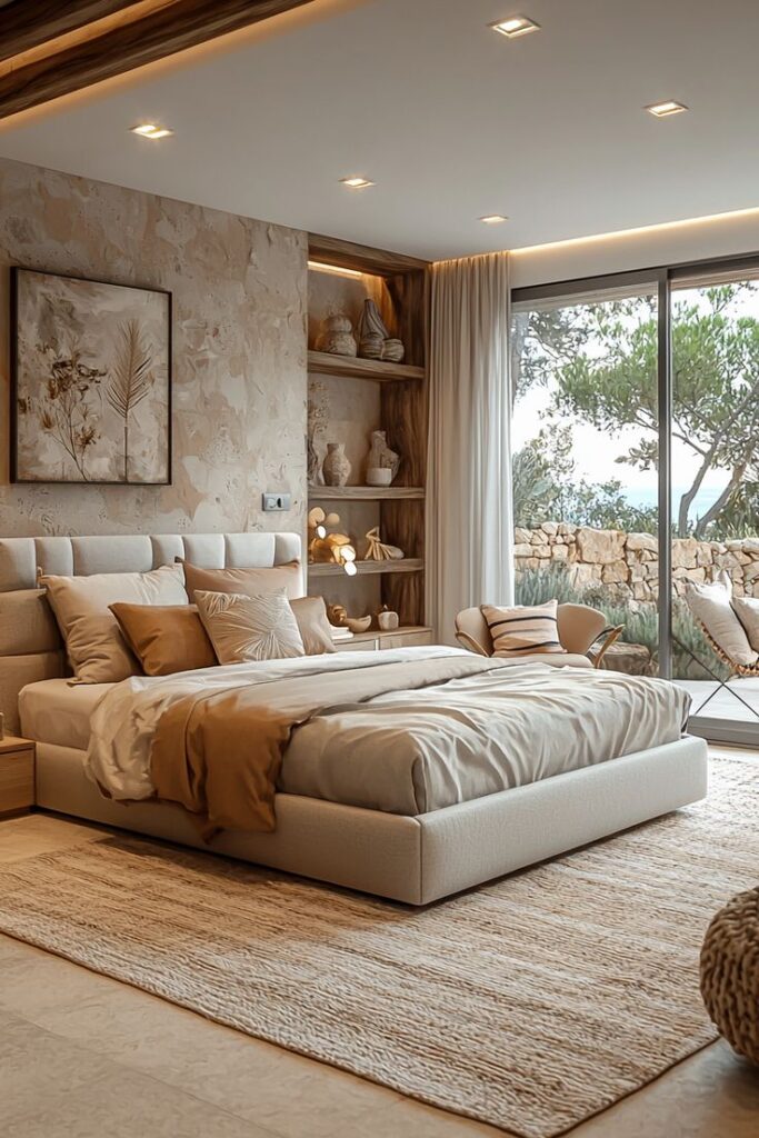 Cozy bedroom with earthy tones, elegant decor, large window view, and modern furniture for a serene atmosphere.