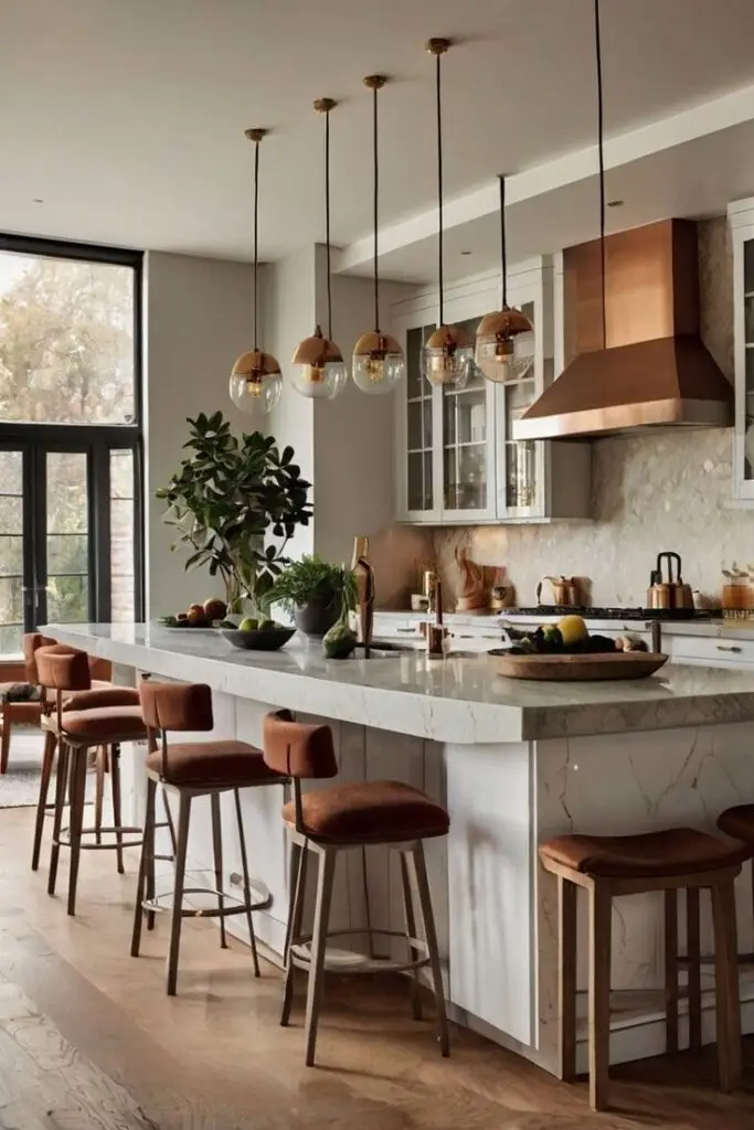 Turn Your Kitchen into a Dream Space with 40 Scandi Kitchen Ideas 🏠🌿 _ Danish Interior Design Kitc Modern kitchen with marble island, copper accents, pendant lights, and plush bar stools. Stylish and inviting interior design. | Sky Rye Design Modern kitchen with marble island, copper accents, pendant lights, and plush bar stools. Stylish and inviting interior design.