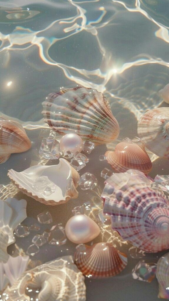 Seashells and pearls glistening in sunlit water, creating a serene coastal scene.