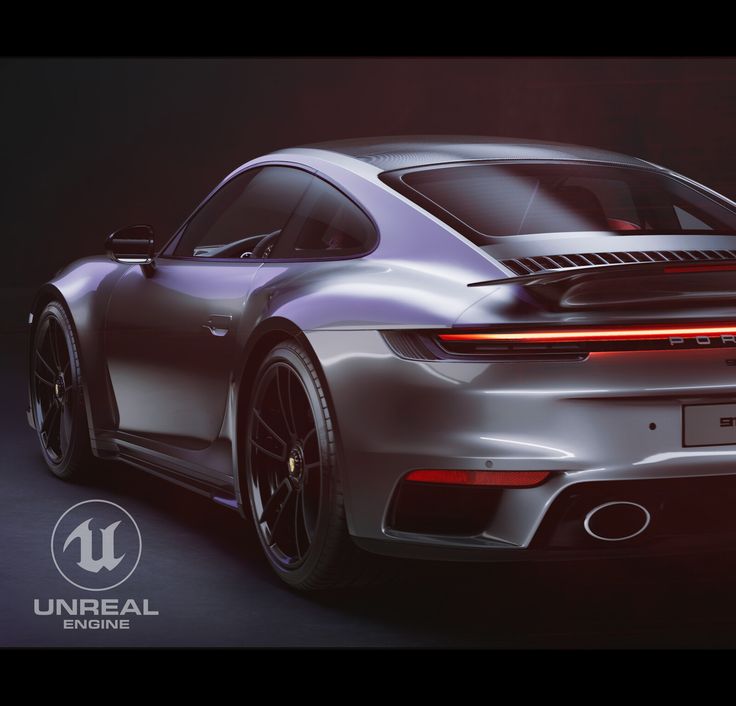 Silver sports car rendered with Unreal Engine showcasing sleek rear design.