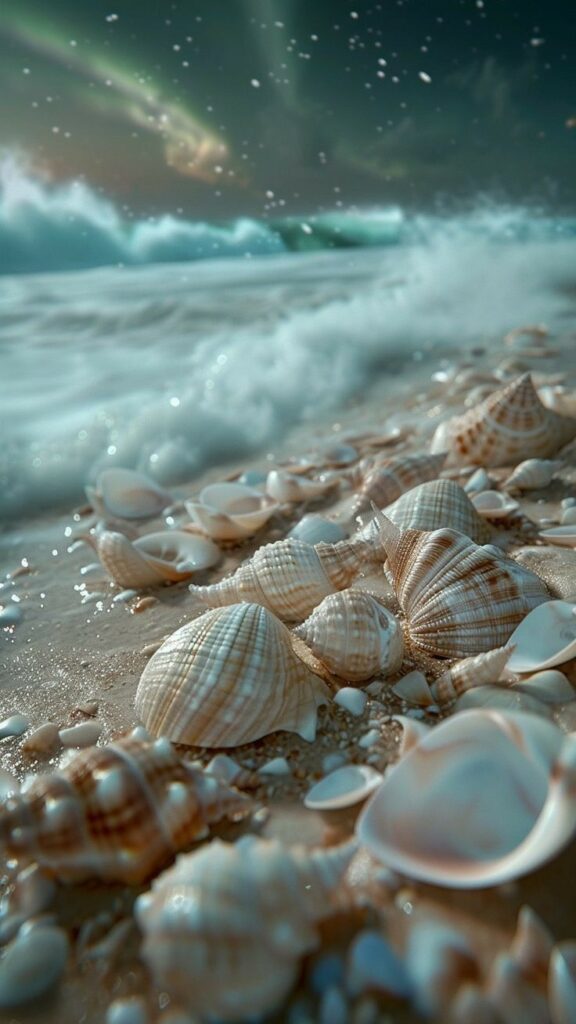 Seashells on a sandy beach with waves crashing under a stunning aurora-lit sky.