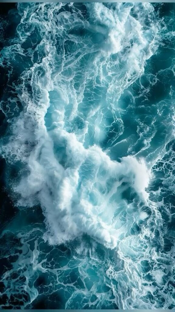 Aerial view of powerful ocean waves creating white foam patterns in turquoise water.