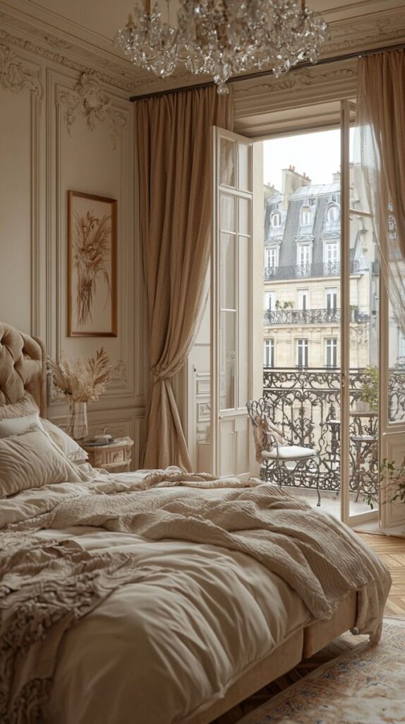 Elegant bedroom with luxurious bedding, chandelier, and view of a Parisian balcony through open French doors.