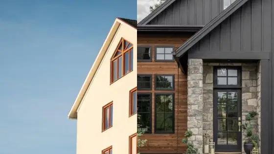 Viewing Deck Blog 1 Modern home designs: a light beige gable roof home and a rustic stone facade with wooden accents under blue sky. | Sky Rye Design Modern home designs: a light beige gable roof home and a rustic stone facade with wooden accents under blue sky.