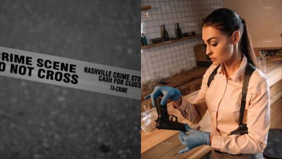 Viewing Deck Blog Crime scene tape with detective examining evidence inside a kitchen. | Sky Rye Design Crime scene tape with detective examining evidence inside a kitchen.