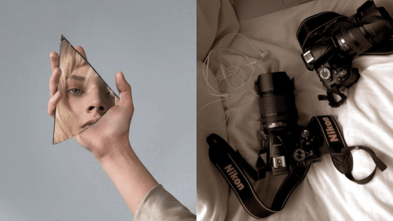 Viewing Deck Blog Close-up of eye in triangular mirror. Nikon cameras with lenses and cables on white fabric. | Sky Rye Design Close-up of eye in triangular mirror. Nikon cameras with lenses and cables on white fabric.