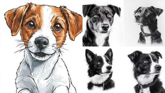 Illustrated portraits of five dogs with varying expressions, showcasing diverse breeds in black and white tones.