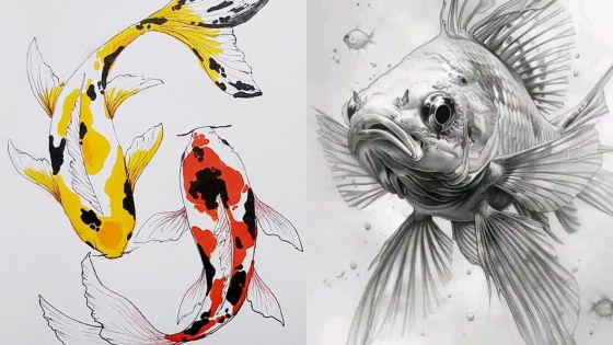 Illustration of two colorful koi fish and a detailed black-and-white fish sketch, showcasing art styles.