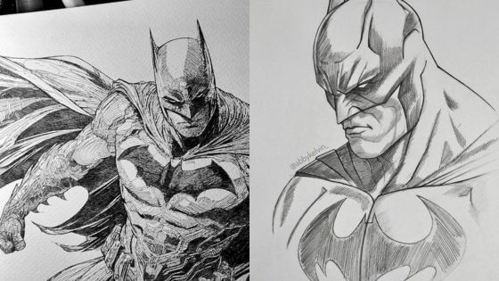 Detailed pencil sketches of a superhero in action and a portrait, showcasing intricate costume details and expressions.