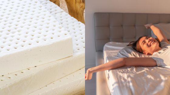 Latex mattress layers with a woman happily stretching on a bed, showcasing comfort and quality sleep.