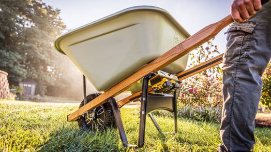 Gardener using a wheelbarrow on a sunny day in a lush garden.