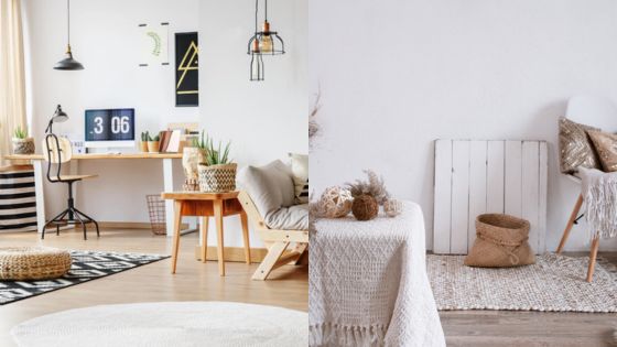 Modern home office and cozy living area with minimalist decor, featuring wooden furniture and natural textures.