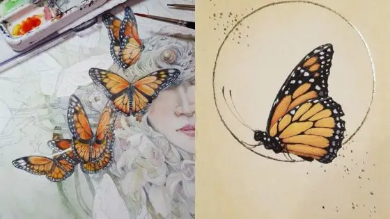 Artistic monarch butterfly illustrations with detailed wings, showcasing nature's beauty and artistic creativity.