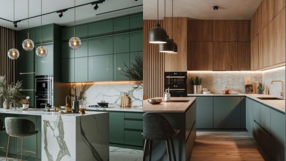 Modern kitchen designs with green and wood cabinets, marble countertops, and stylish pendant lighting.