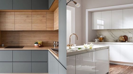 Modern kitchen interiors with sleek cabinets, wooden accents, and marble countertops in a minimalist design.