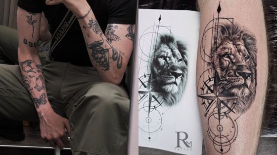 Arm with diverse tattoos including birds and lions next to a detailed lion tattoo design with geometric patterns.