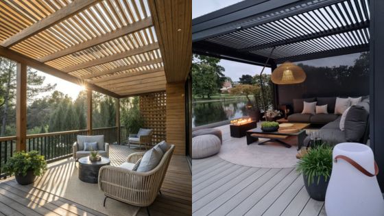 Outdoor patio with modern pergolas, cozy seating, and lush greenery at sunset by a serene lake setting.