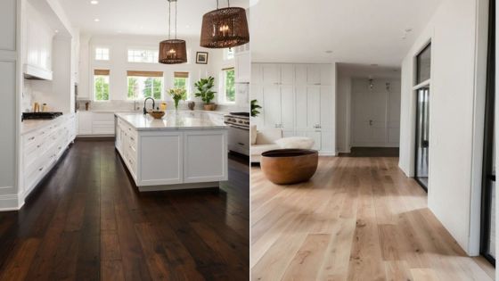 Modern kitchen with dark wood flooring and bright foyer with light wood floors, enhancing home elegance and style.