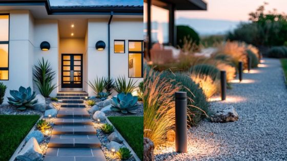 Modern home exterior with pathway lighting, succulents, and gravel landscaping at sunset.