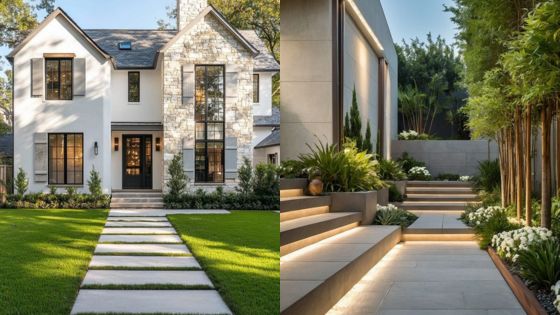 Modern house with a stone facade and lush garden, featuring a well-lit pathway and contemporary landscaping.