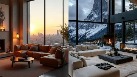 Viewing Deck Blog - 2025-03-25T153446341 Modern living room with city sunset on one side, snowy mountain view on the other, cozy sofas, fireplaces, large windows. | Sky Rye Design Modern living room with city sunset on one side, snowy mountain view on the other, cozy sofas, fireplaces, large windows.