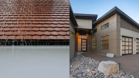 Viewing Deck Blog 3 Close-up of rain on roof shingles next to a modern house entrance with rocks and sleek design elements. | Sky Rye Design Close-up of rain on roof shingles next to a modern house entrance with rocks and sleek design elements.
