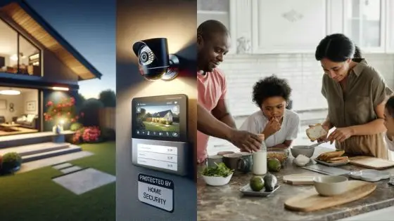 Viewing Deck Blog 3 Modern home security system and a family cooking together in a bright kitchen. | Sky Rye Design Modern home security system and a family cooking together in a bright kitchen.