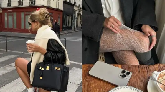 Viewing Deck Blog 3 Stylish woman with a designer handbag enjoying coffee; chic outfit with lace tights and smartphone on a café table. | Sky Rye Design Stylish woman with a designer handbag enjoying coffee; chic outfit with lace tights and smartphone on a café table.