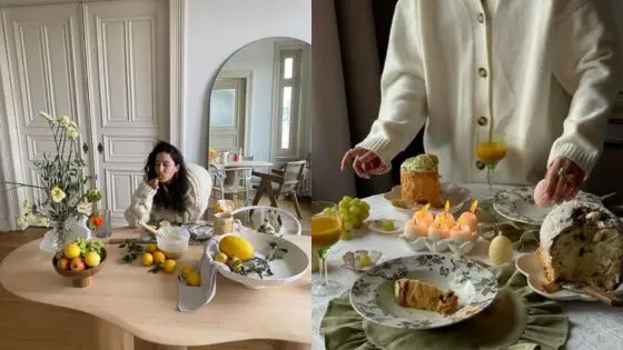 Viewing Deck Blog 3 Woman at a table with floral decor and fruit; close-up of a dessert spread with candles and juice. | Sky Rye Design Woman at a table with floral decor and fruit; close-up of a dessert spread with candles and juice.