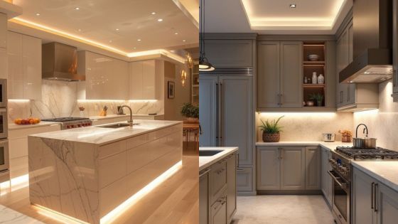 Modern kitchen designs with sleek cabinetry, marble countertops, and ambient lighting.