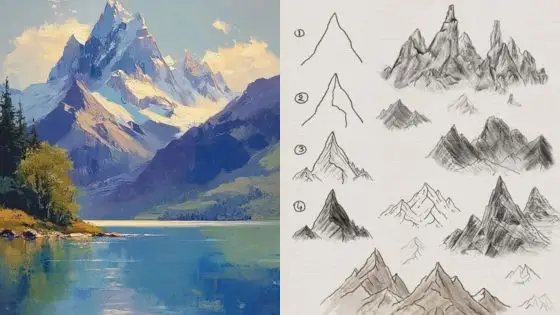 Viewing Deck Blog 39 Majestic mountain lake painting with sketches of mountain shapes and drawing techniques on the right. | Sky Rye Design Majestic mountain lake painting with sketches of mountain shapes and drawing techniques on the right.