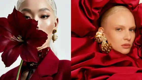 Viewing Deck Blog 4 Fashion portrait of models with bold red designs, large flower, and elegant jewelry, creating a dramatic stylistic effect. | Sky Rye Design Fashion portrait of models with bold red designs, large flower, and elegant jewelry, creating a dramatic stylistic effect.
