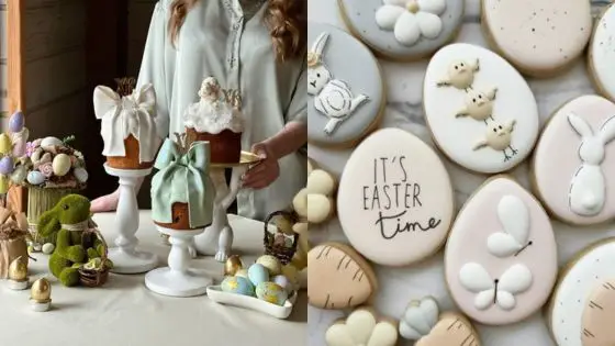 Easter-themed table with decorated cakes, cookies, and ornaments including bunnies and chicks.