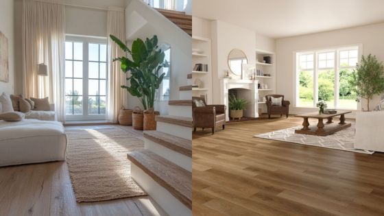 Bright living rooms with wooden flooring, natural light, and green plants for a cozy, modern home atmosphere.