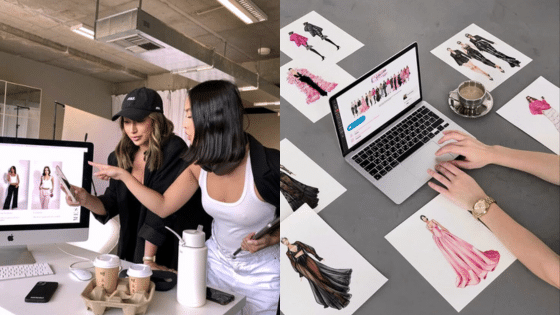 Viewing Deck Blog Fashion designers reviewing clothing sketches on computer and laptop, surrounded by style illustrations in modern workspace. | Sky Rye Design Fashion designers reviewing clothing sketches on computer and laptop, surrounded by style illustrations in modern workspace.