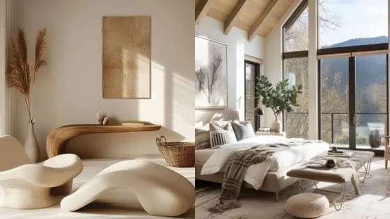 Viewing Deck Blog 44 Modern minimalist living room and bedroom with neutral tones, organic furniture, and large windows offering scenic views. | Sky Rye Design Modern minimalist living room and bedroom with neutral tones, organic furniture, and large windows offering scenic views.