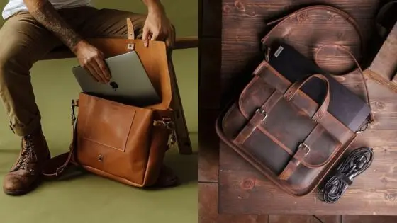 Viewing Deck Blog 45 Man placing laptop in brown leather bag; another laptop bag on wooden table with accessories. | Sky Rye Design Man placing laptop in brown leather bag; another laptop bag on wooden table with accessories.