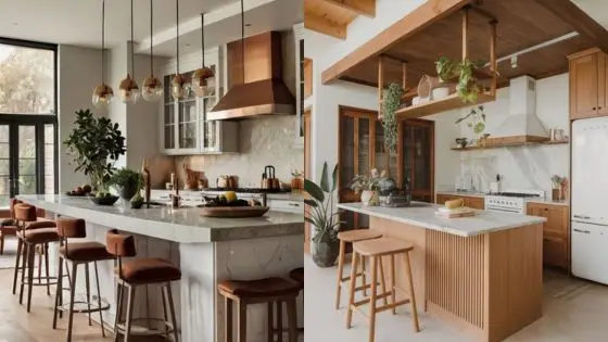 Viewing Deck Blog 47 Modern kitchen interiors with wooden accents, featuring islands, pendant lighting, and bar stools. Cozy and stylish design. | Sky Rye Design Modern kitchen interiors with wooden accents, featuring islands, pendant lighting, and bar stools. Cozy and stylish design.