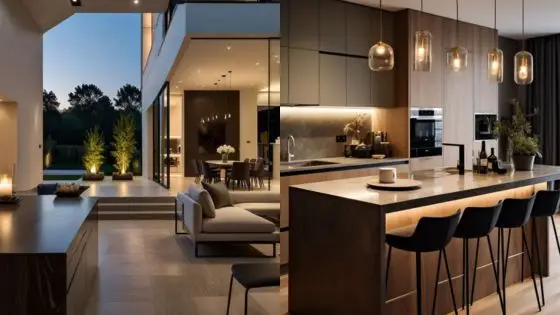 Modern luxury home interior and exterior with elegant kitchen and stylish outdoor seating at dusk.